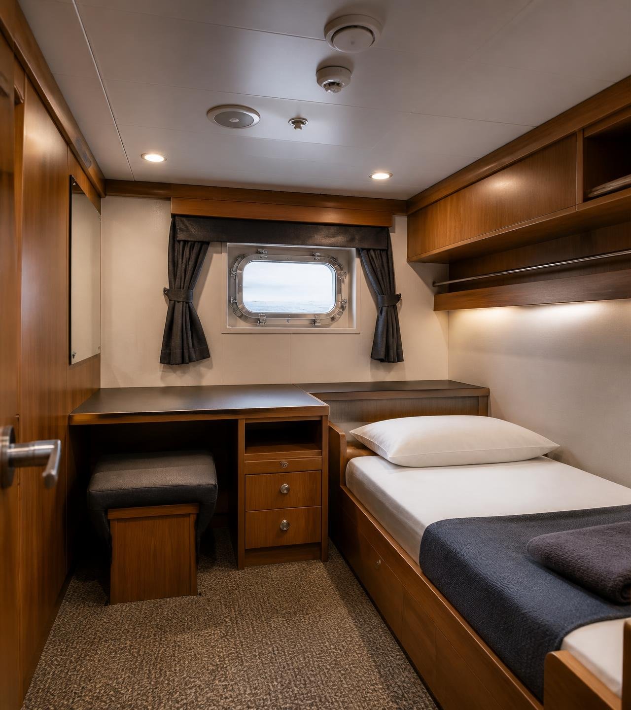 Marine accommodation cabin interior with precision joinery